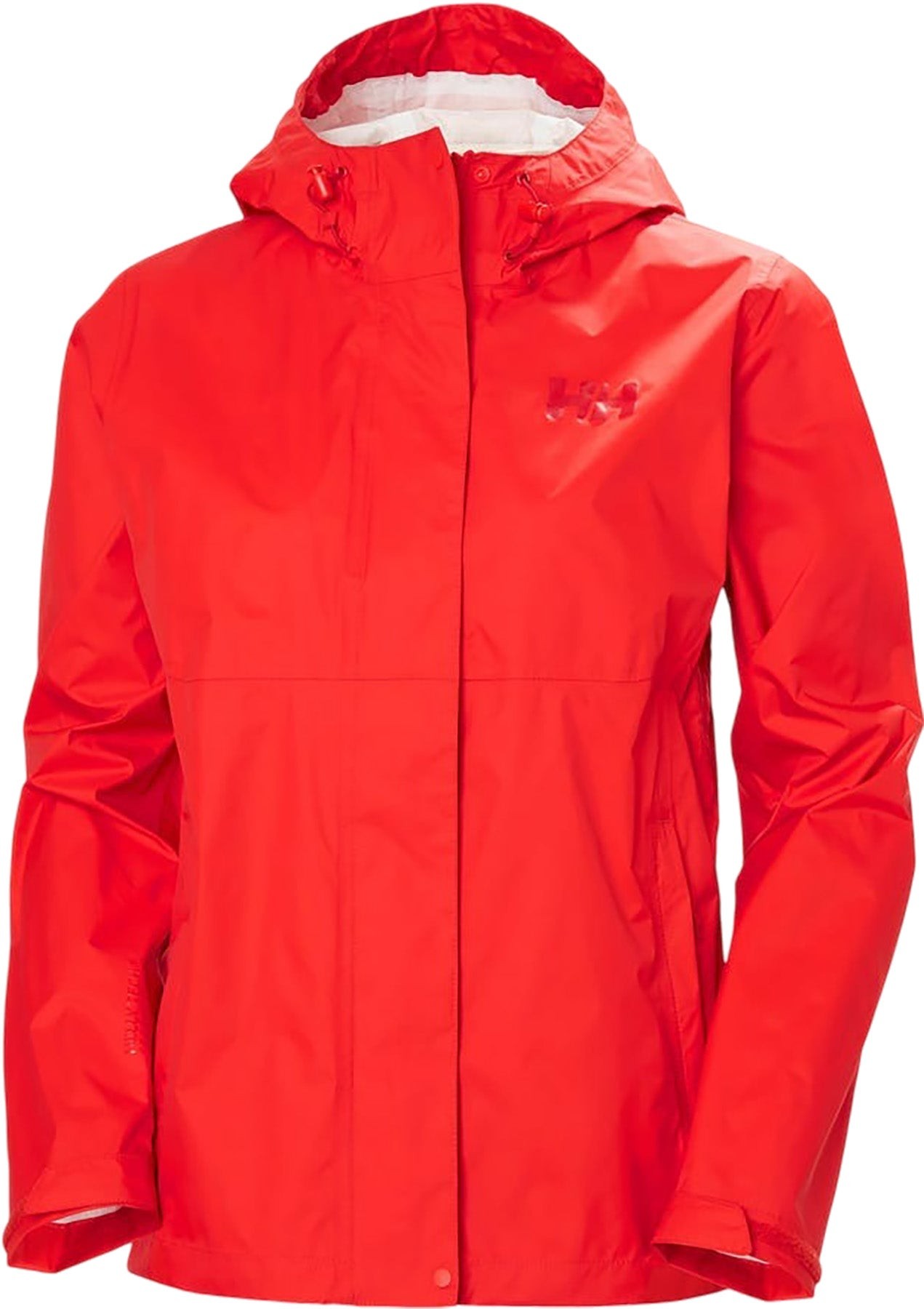 Bright red women's waterproof jacket by Helly Hansen, featuring a hood, zippered front, and breathable material, ideal for outdoor activities in wet conditions.