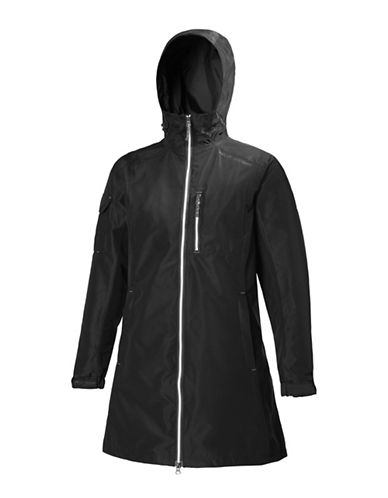 Black long coat for women by Helly Hansen, featuring a hood, front zipper, and a sleek, waterproof design, ideal for outdoor wear.