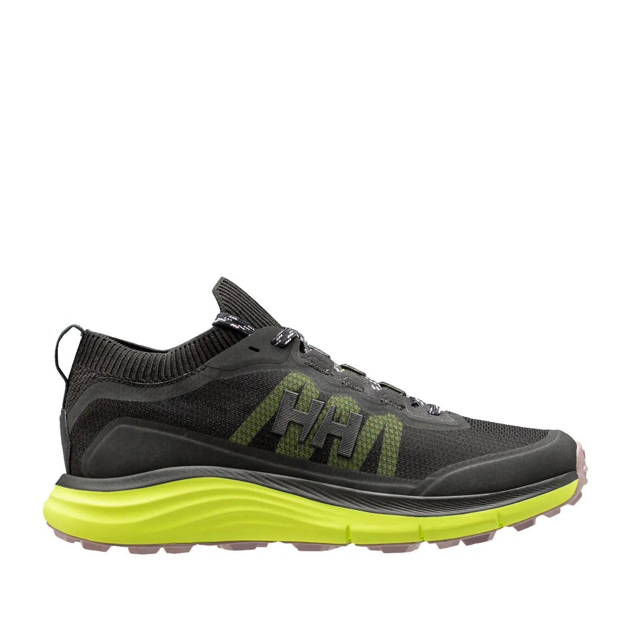 Women's Helly Hansen Luna Ridge sneakers in black and neon yellow, featuring a breathable mesh upper, cushioned sole, and a secure lace-up design for comfort and support.