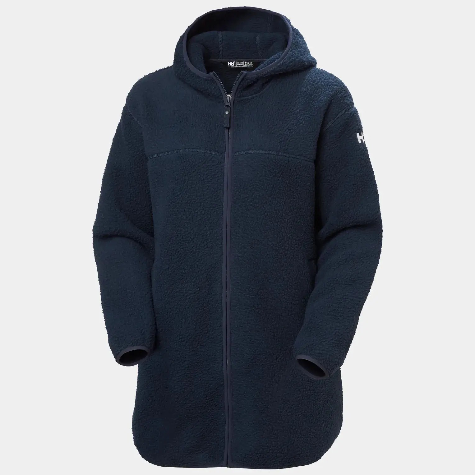 Navy blue Helly Hansen Maud Pile Jacket made of polyester, featuring a full zip, hood, and long sleeves, offering a cozy and stylish look for women.