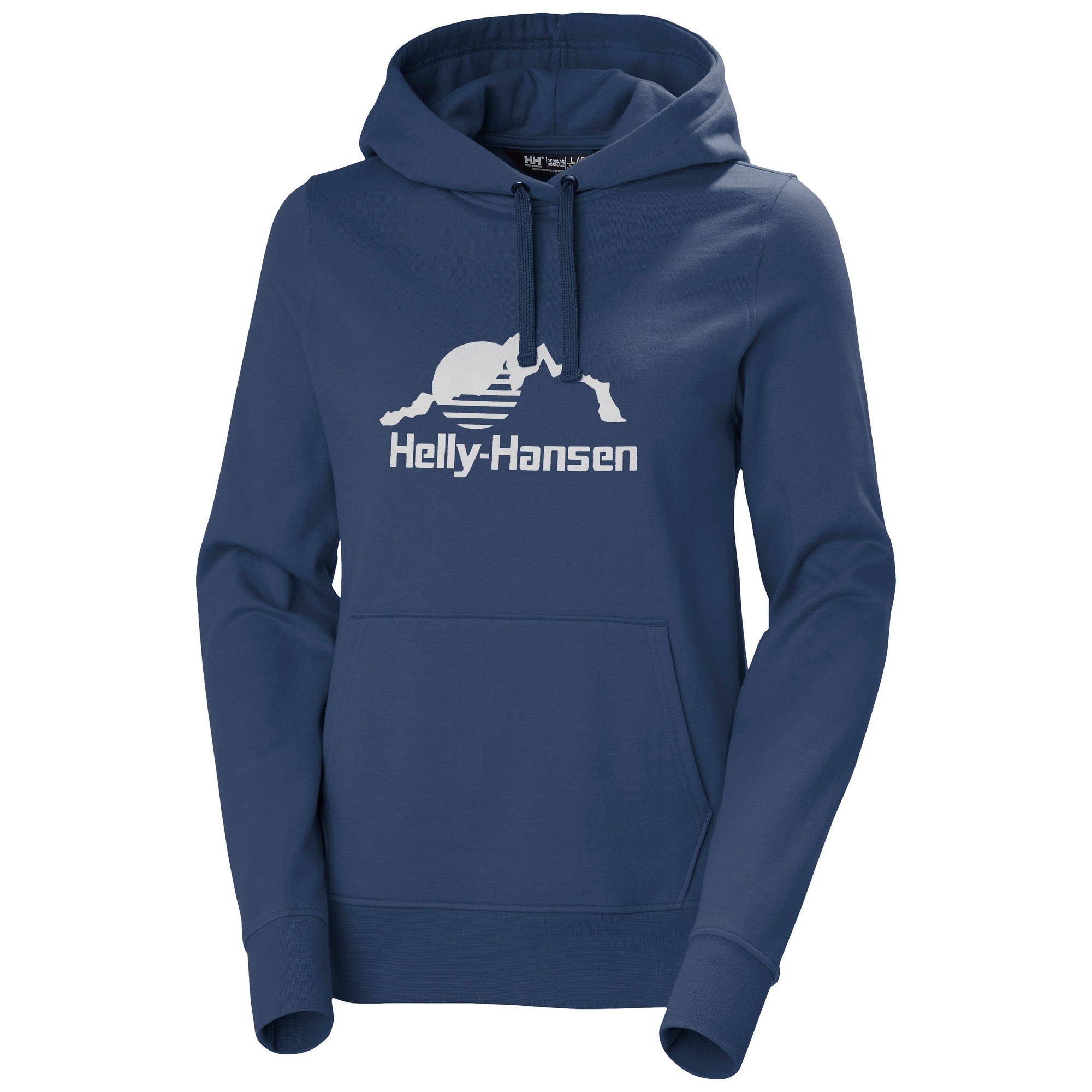 Navy blue women's hoodie by Helly Hansen featuring a front kangaroo pocket and a graphic logo with a sun and mountains in white.