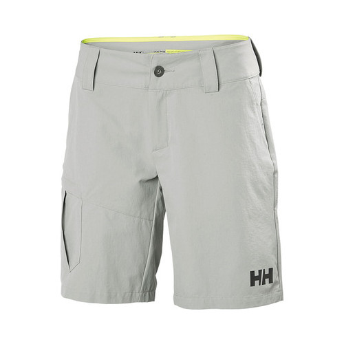 Light gray women's cargo shorts by Helly Hansen, featuring a button closure, side pockets, and a contrasting bright yellow interior.