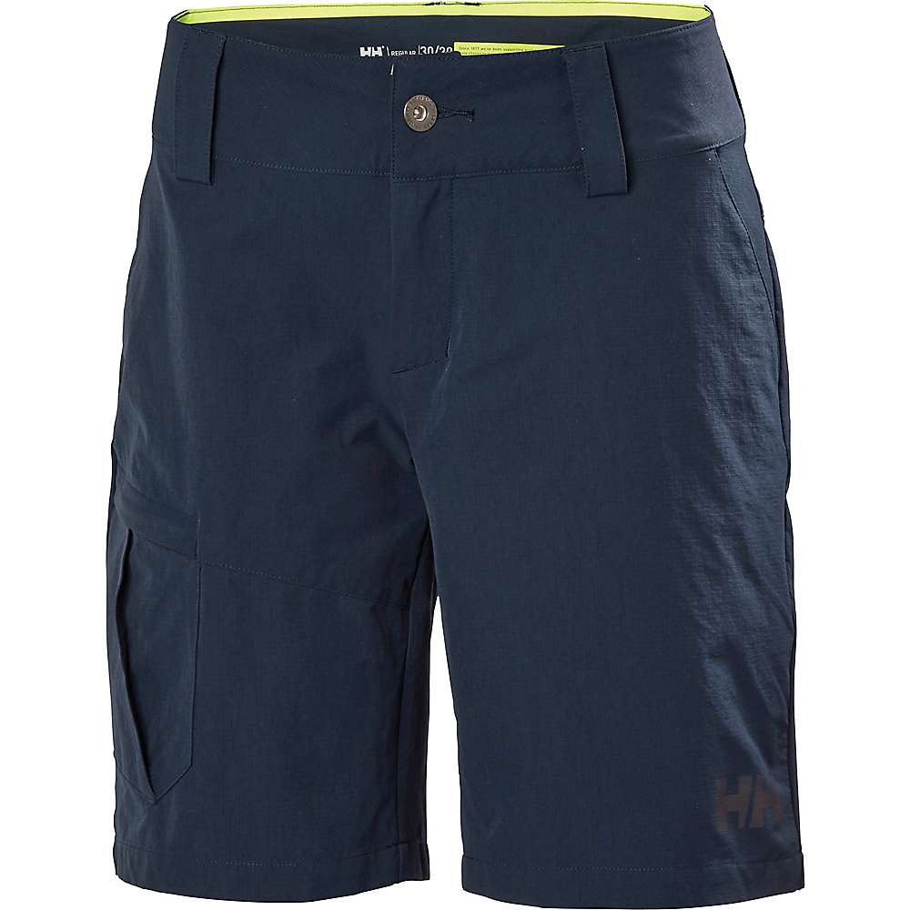 Navy blue women's cargo shorts by Helly Hansen, made from quick-drying material, featuring a button closure, side pockets, and a contrasting lime green interior.
