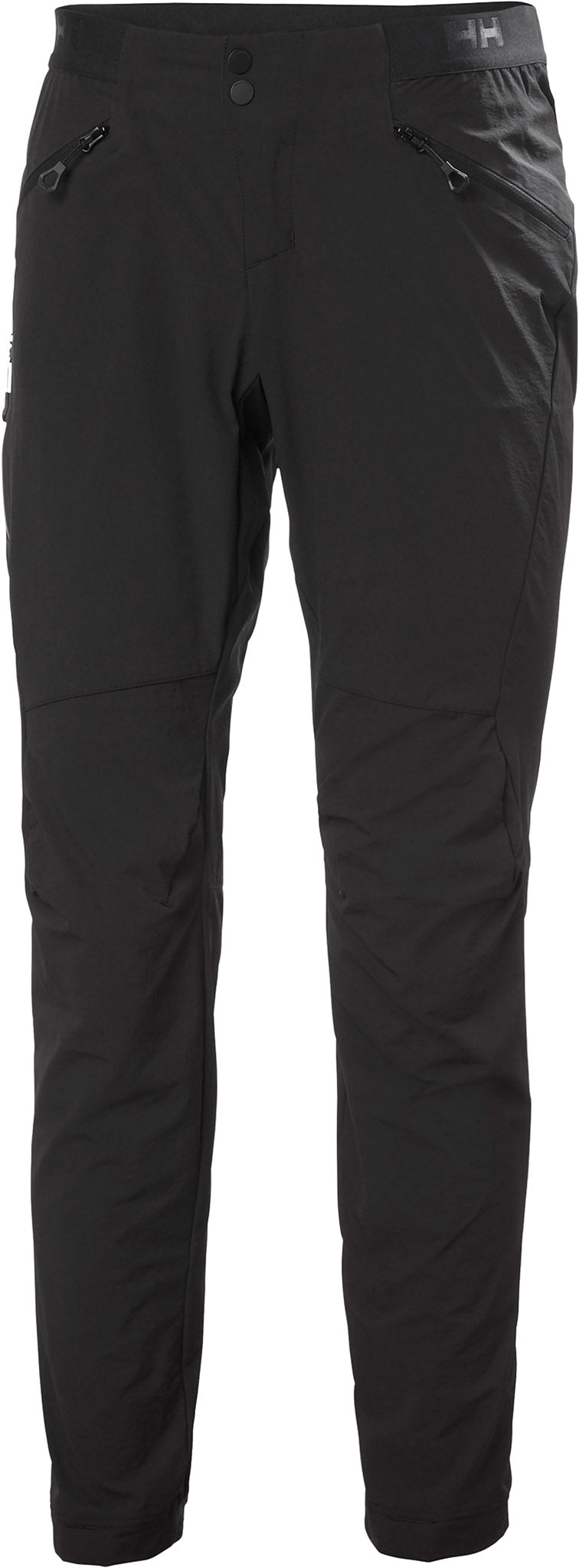 Lightweight black softshell hiking trousers for women by Helly Hansen, featuring zippered pockets, a slim fit, and durable material designed for outdoor activities.