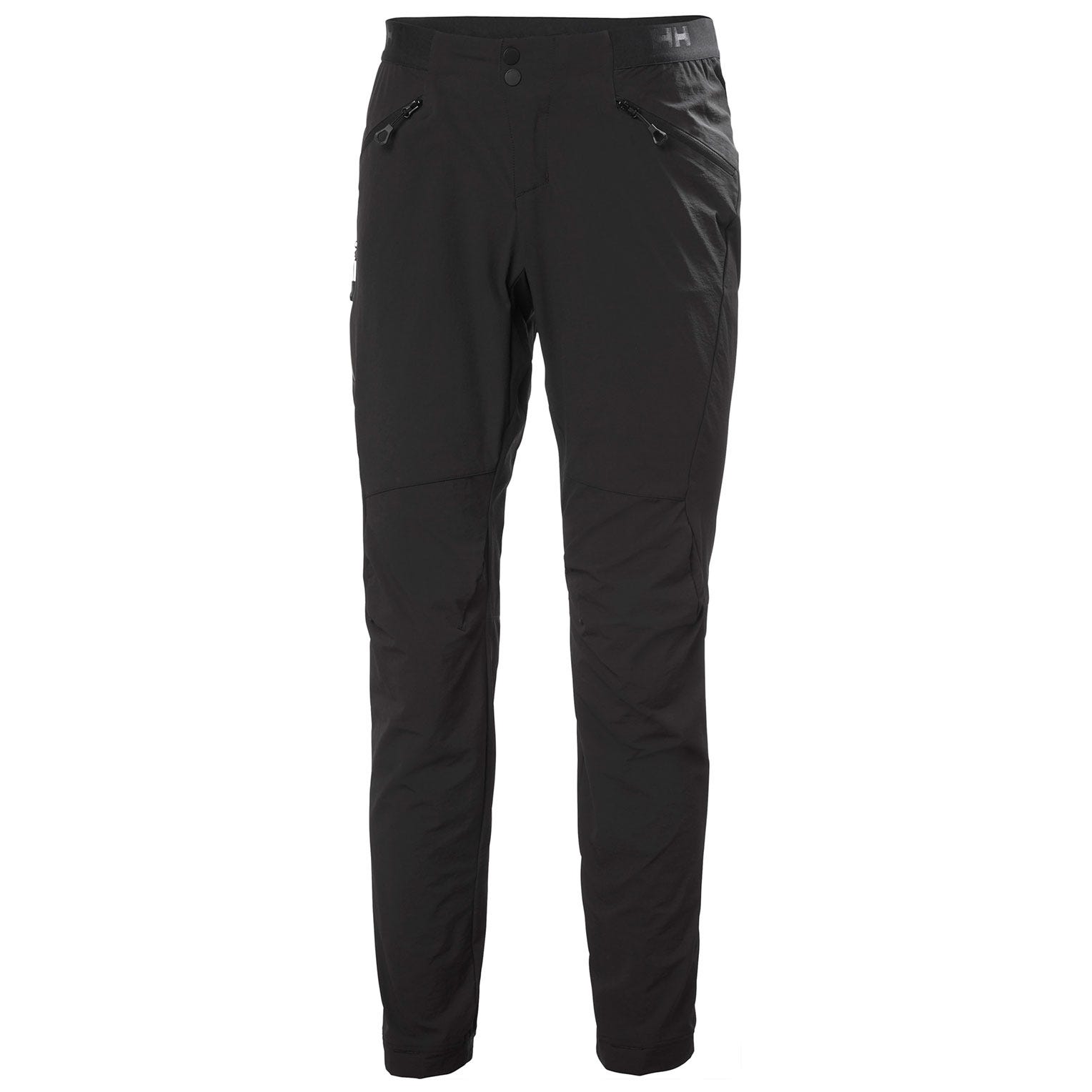 Lightweight black softshell hiking trousers for women, featuring a slim fit, zippered pockets, and a Helly Hansen logo on the waistband.