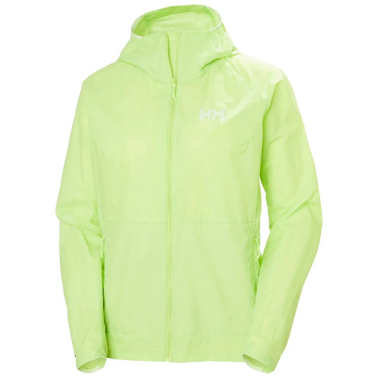 Light green women's waterproof jacket by Helly Hansen, featuring a zip front, adjustable hood, and logo on the chest, made from lightweight, breathable material.