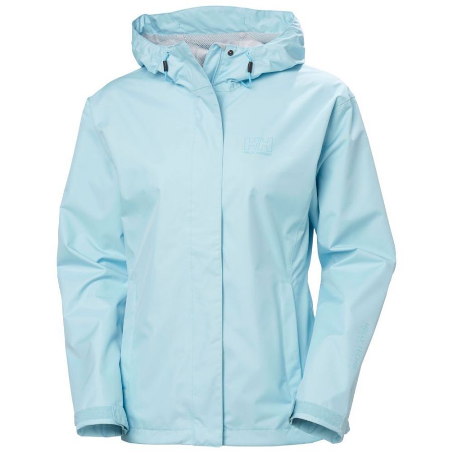 Light blue women's Helly Hansen Seven J Jacket made of polyester and polyurethane, featuring a hood and a subtle logo on the chest.