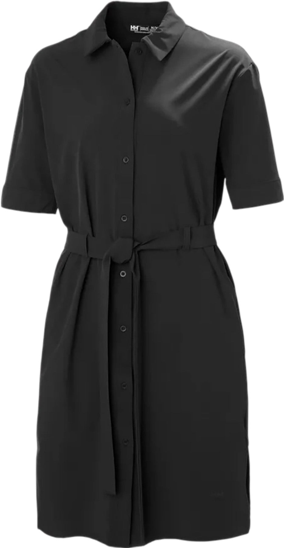 Black short-sleeve shirt dress by Helly Hansen, featuring a button-down front, a belted waist, and a relaxed fit, made from lightweight, breathable material.
