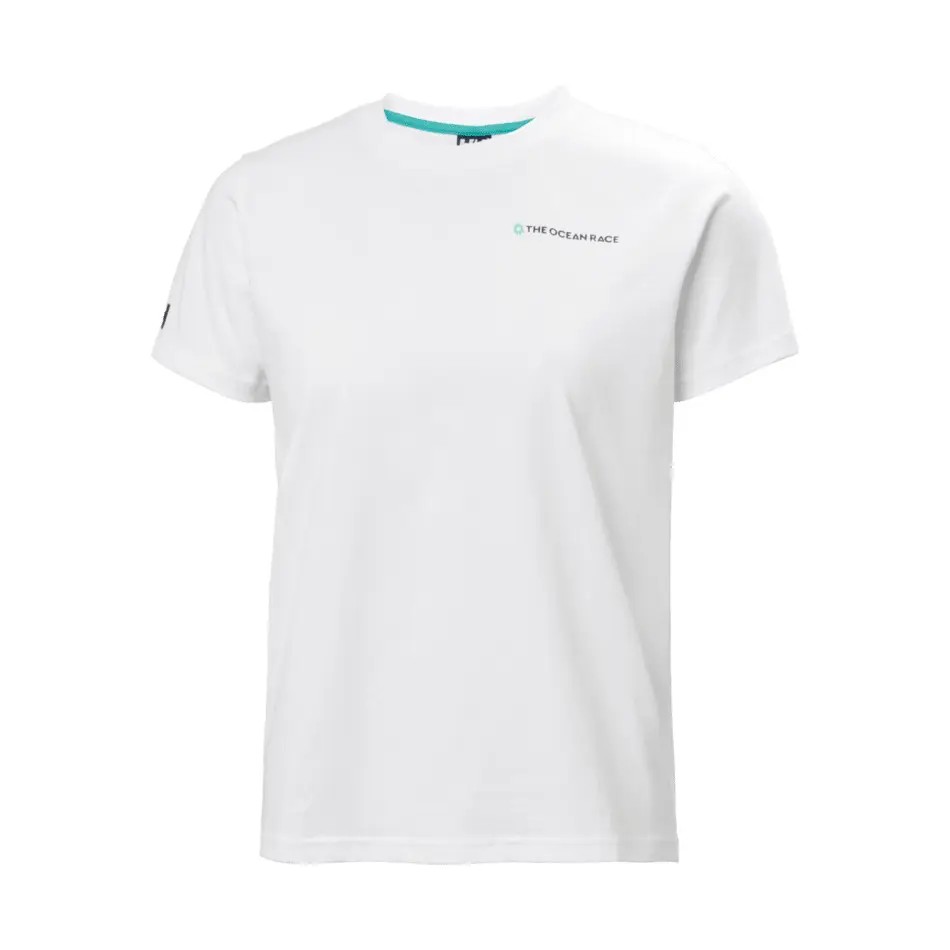 White short-sleeve women's T-shirt featuring "THE OCEAN RACE" logo in teal, made of soft cotton material with a relaxed fit and a crew neckline.
