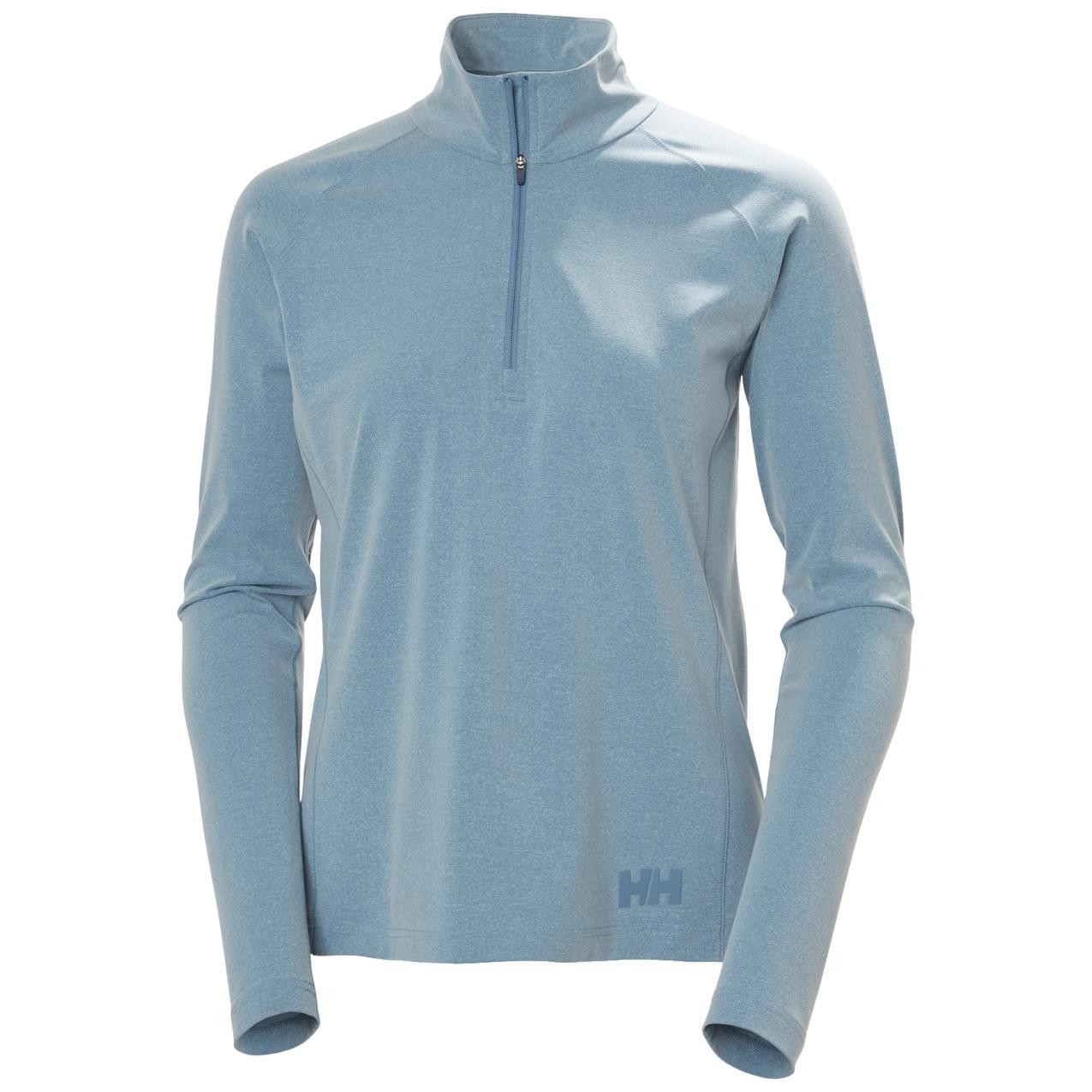 Light blue 1/2 zip sweatshirt for women by Helly Hansen, featuring long sleeves, a soft material, and a subtle logo on the lower left side.