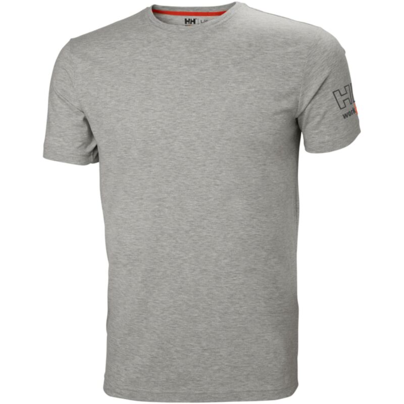 Grey cotton t-shirt for men featuring a classic crew neck, short sleeves, and Helly Hansen branding on the left sleeve.