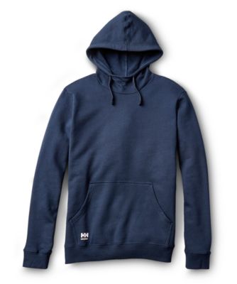 Black cotton hooded sweatshirt featuring a front pocket, drawstring hood, and Helly Hansen logo on the lower left.