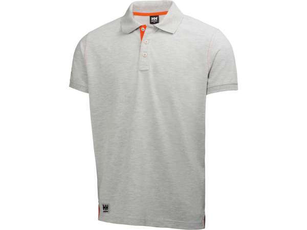 Grey polo shirt made of Oxford cotton, featuring a classic collar, short sleeves, and contrasting orange accents on the collar and logo.