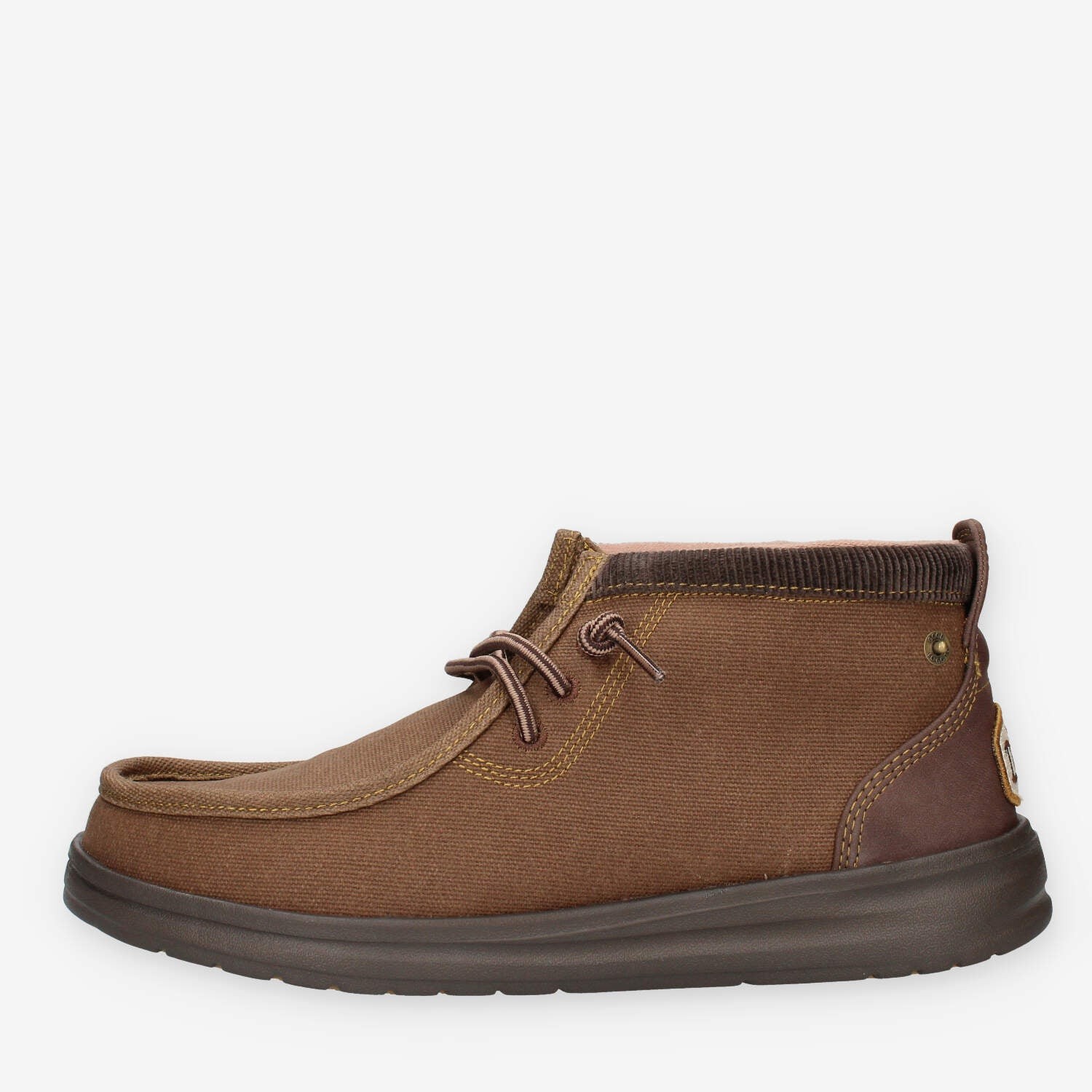 Dark brown HEYDUDE Men's Wally Mid GripR Boots featuring a soft fabric upper, lace-up design, and a flexible rubber sole for comfort and traction.
