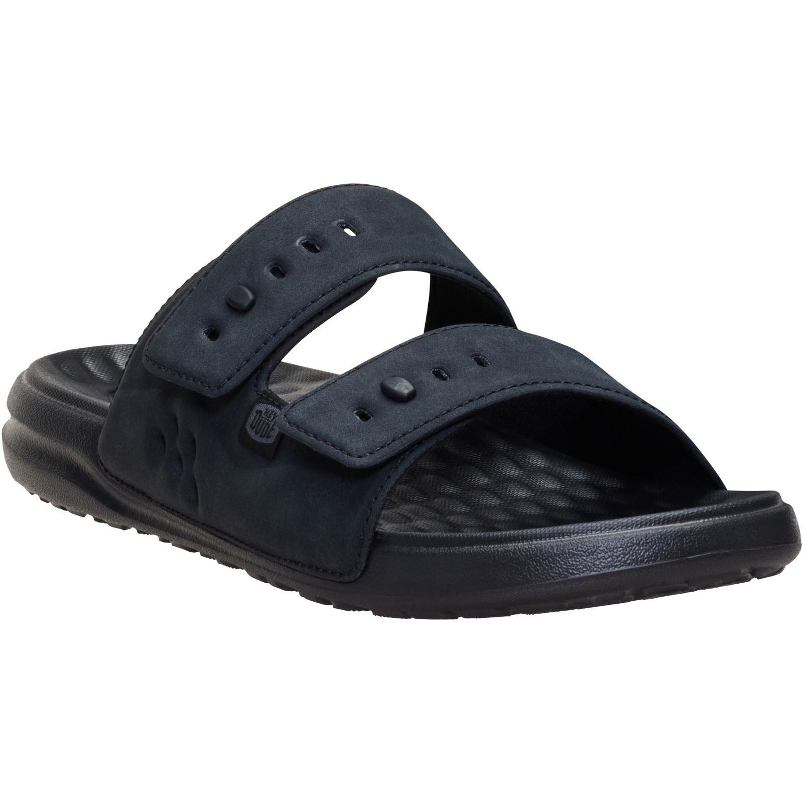 Black polyurethane men's sandals with two adjustable straps, featuring a textured footbed and a flexible sole for comfort.