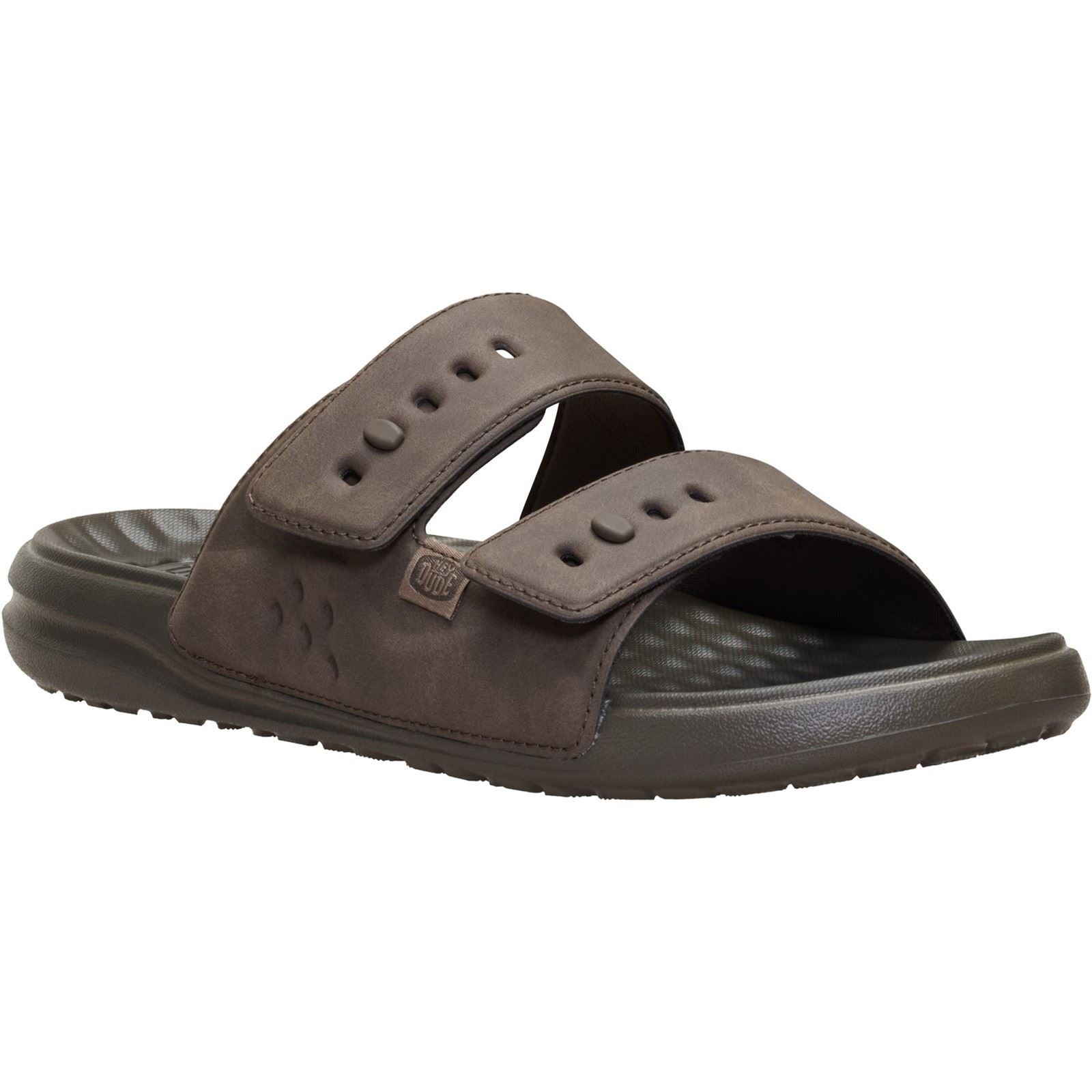 Brown polyurethane sandals with two adjustable straps, featuring ventilation holes, a textured footbed, and a flexible sole for comfort.