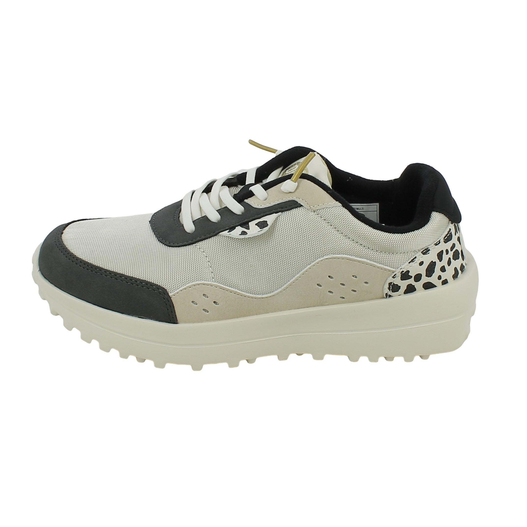 White HEYDUDE Hayden Shine Trainers featuring a mesh upper, grey accents, a leopard print heel, and a chunky white sole for a stylish, sporty look.