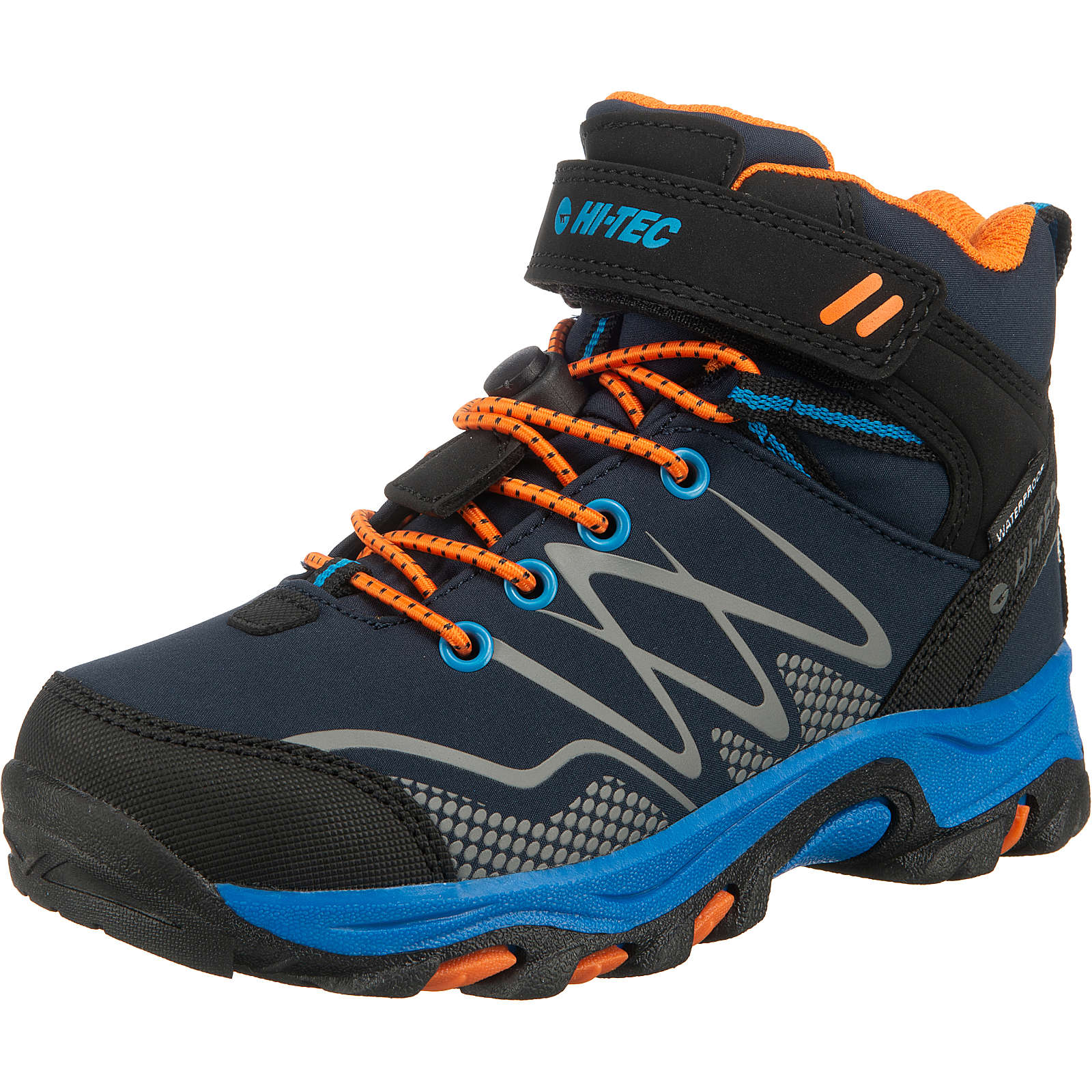 Blue waterproof walking boots for children featuring a sturdy black sole, orange accents, reflective detailing, and a secure Velcro strap for easy wear.
