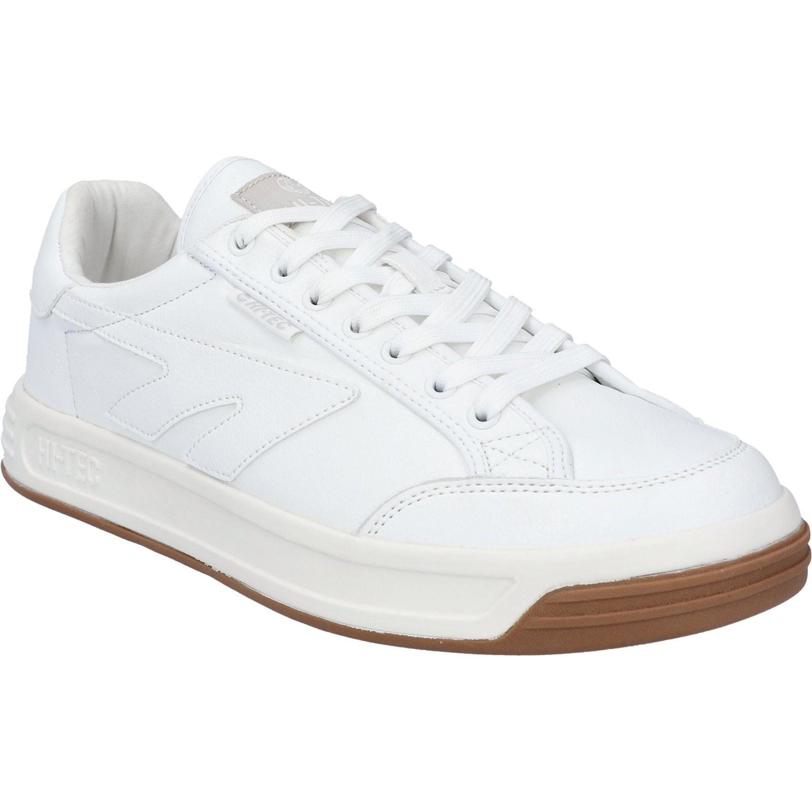 White Hi-Tec Men Freedom Trainers featuring a smooth leather upper, lace-up design, and a contrasting brown rubber sole, size 7.