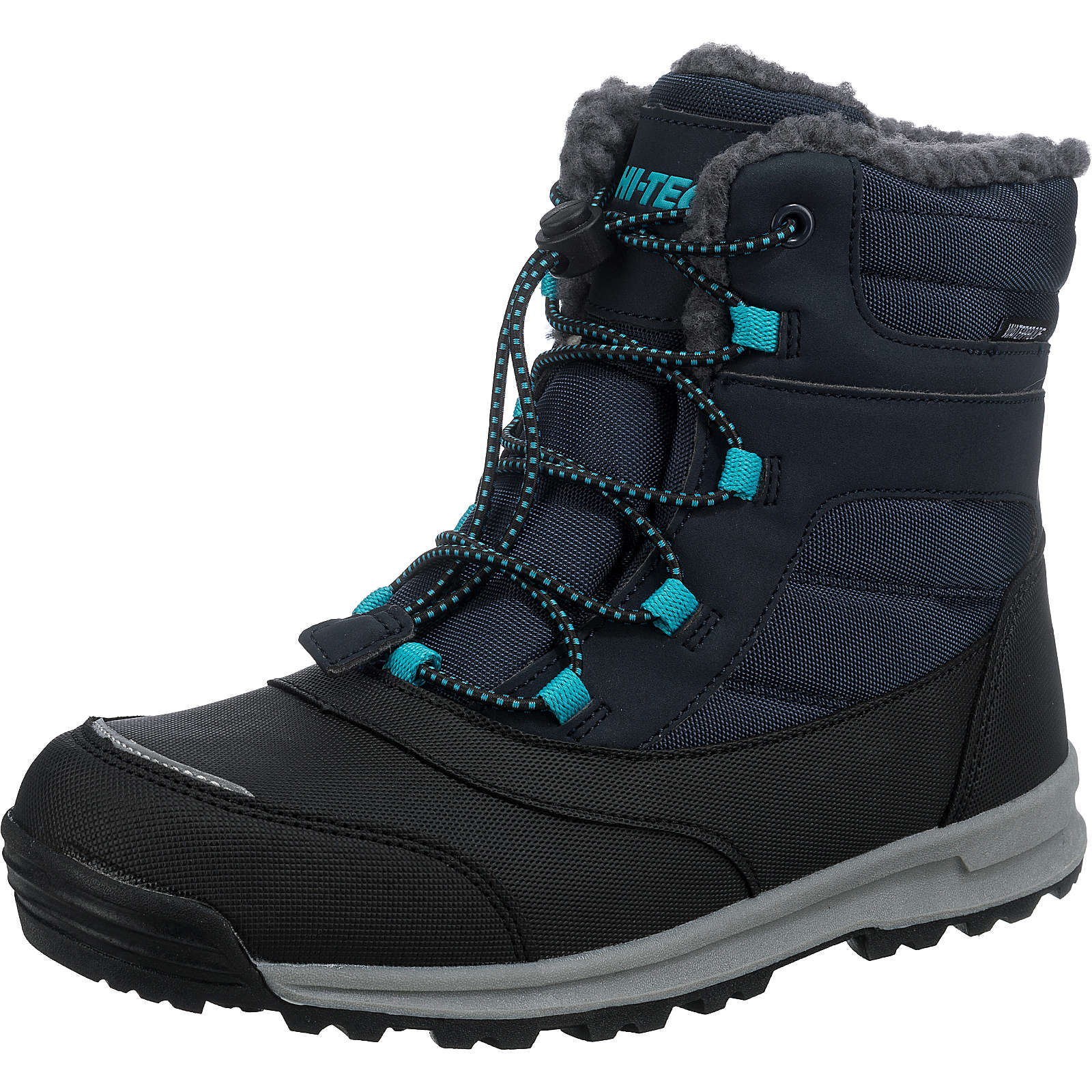 Mid-calf winter boots in navy blue, black, and peacock blue, featuring a textured nylon upper, faux fur lining, and a rugged rubber sole with laces for secure fit.