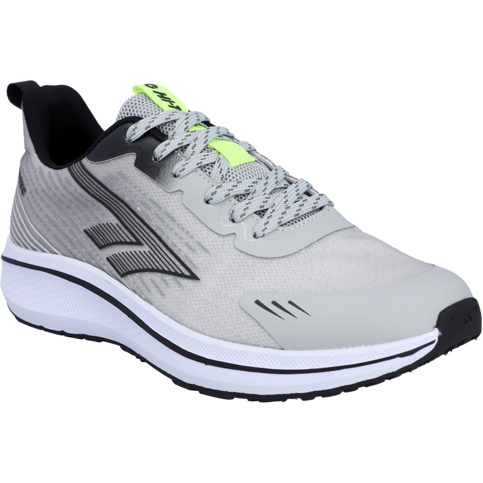 Grey Hi-Tec Santorini trainers featuring a breathable mesh upper, black accents, reflective detailing, and a cushioned white sole, size 7.