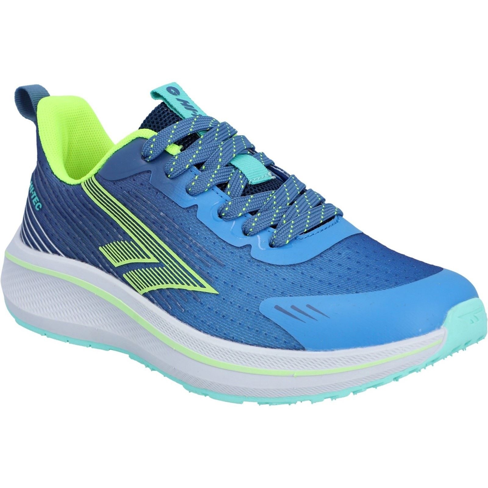 Blue Hi Tec Santorini trainers featuring a breathable mesh upper, neon green accents, a cushioned sole, and textured grip for enhanced traction.