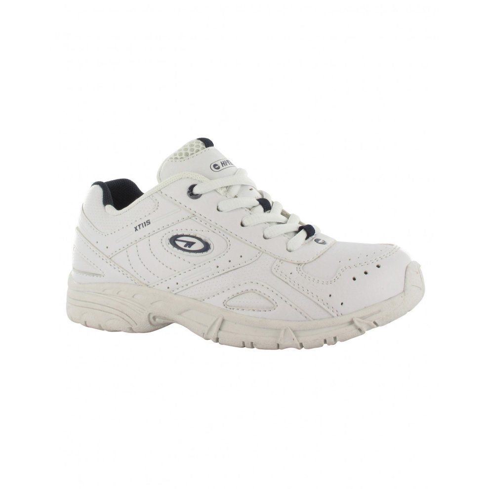White Hi-Tec XT115 trainers made of polyurethane, featuring a textured upper, lace-up design, and a cushioned sole for comfort.