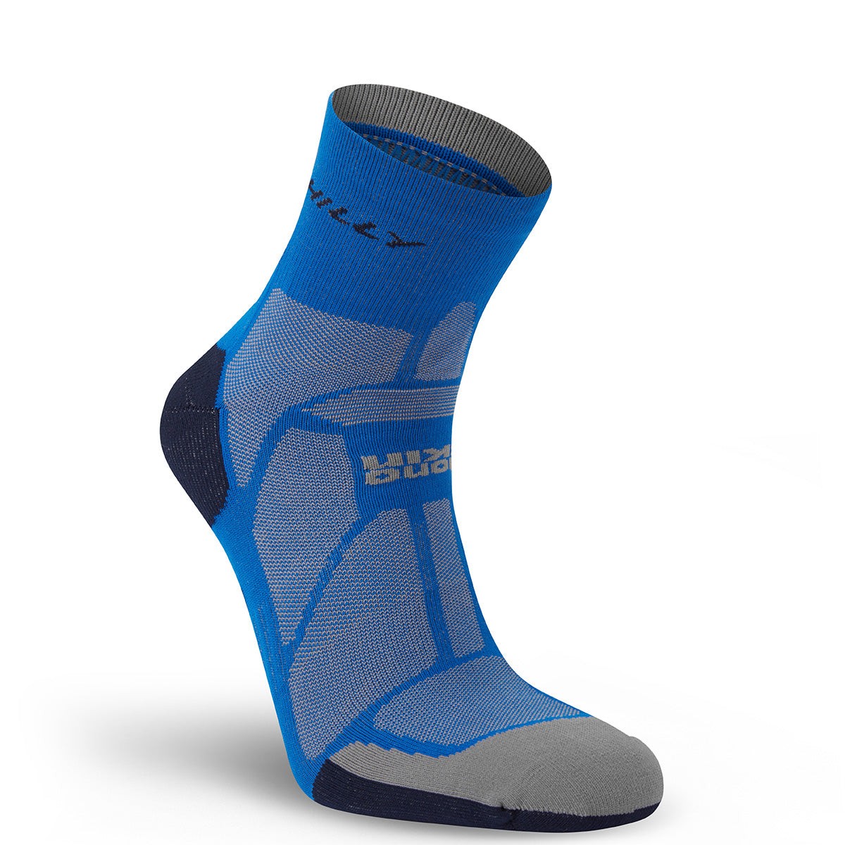 Cobalt blue and iron gray ankle sock featuring a breathable mesh design, cushioned sole, and Hilly branding, ideal for marathon runners.