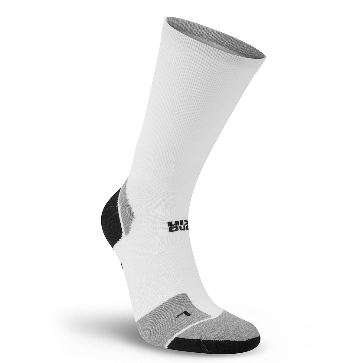 White crew sock with a grey toe and heel, featuring a black logo and a cushioned sole, designed for marathon runners with moisture-wicking material.