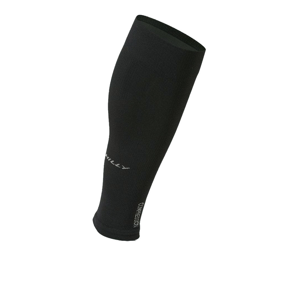 Black compression sleeve by Hilly, made from stretchy material, designed for calf support with a snug fit and featuring the brand logo in white near the bottom.