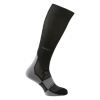 Black compression sock with gray accents, featuring a knee-high design, breathable material, and targeted support zones for enhanced comfort and performance.
