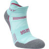 A light blue socklet with a grey toe and heel, featuring pink accents and the word "Hilly" printed on the side, designed for comfort and performance.