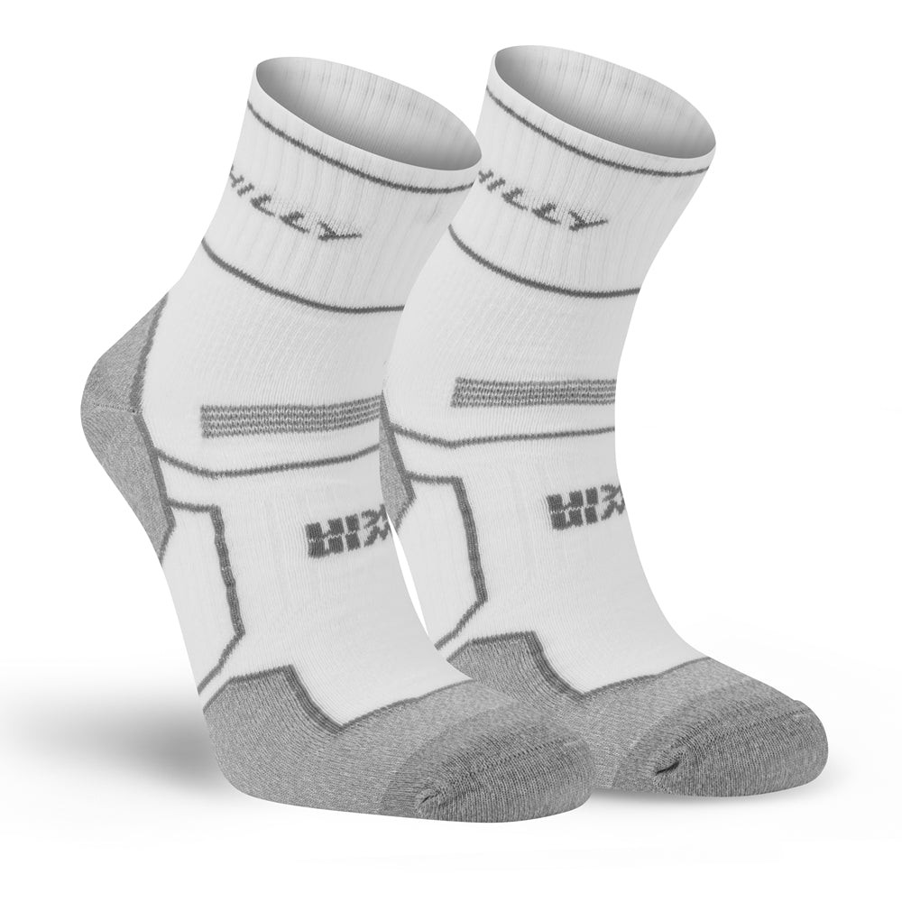 White ankle socks with gray accents, featuring a double-layer construction for moisture management and comfort, branded with "Hilly" on the cuff.