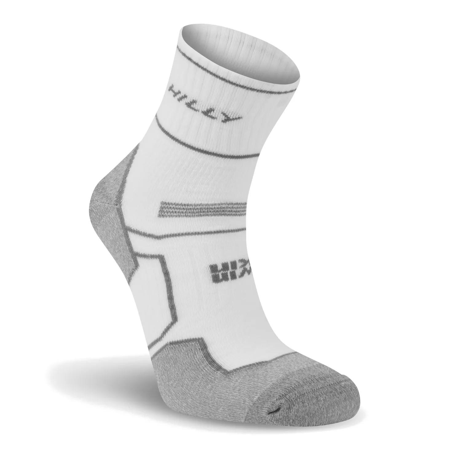 White ankle sock with grey accents, featuring a reinforced toe and heel, Hilly branding, and a cushioned design for comfort during athletic activities.