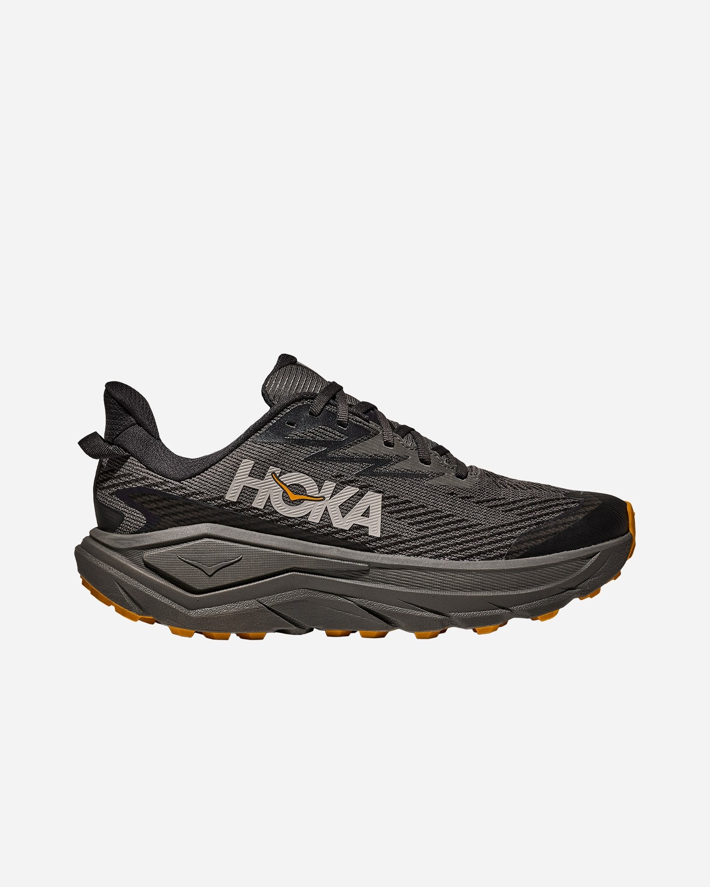 Men's HOKA Challenger 8 trail running shoes in asphalt grey and varsity yellow, featuring a breathable mesh upper, cushioned midsole, and rugged outsole for traction.