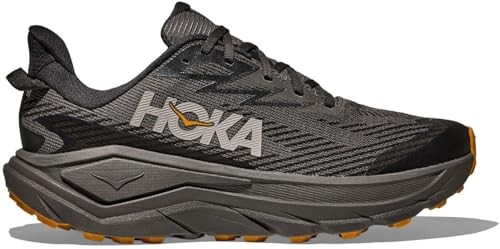 Men's HOKA Challenger 8 trail running shoes in asphalt grey and varsity yellow, featuring a breathable mesh upper, cushioned midsole, and rugged outsole for traction.