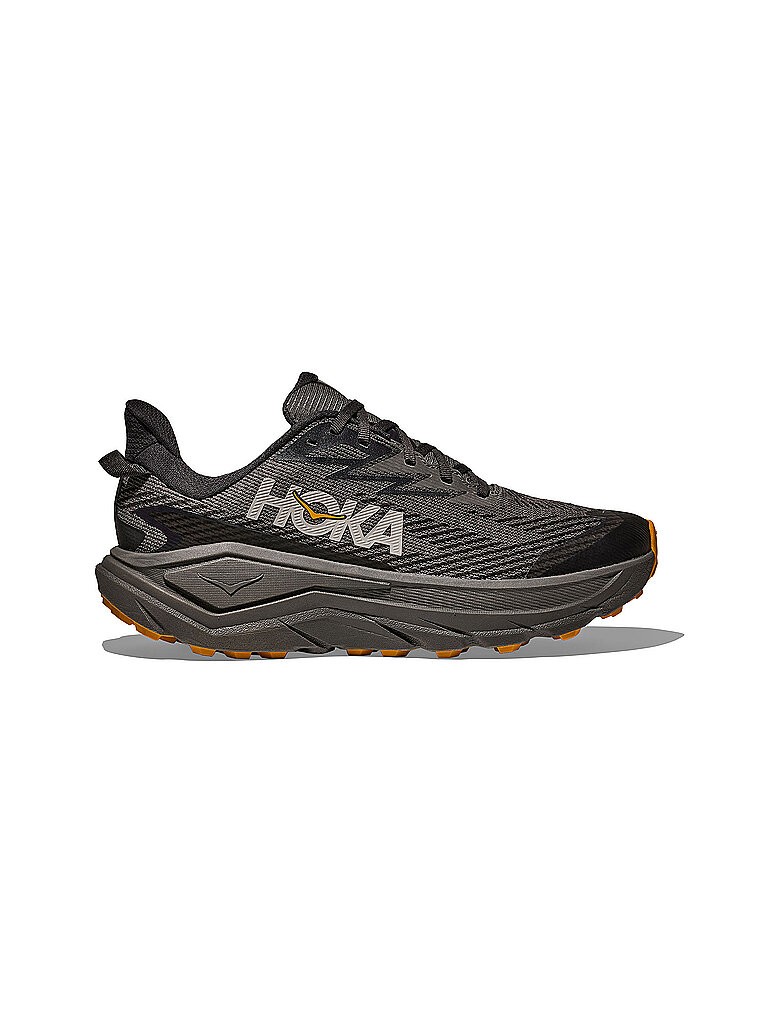 Men's HOKA Challenger 8 Trail Running Shoes in asphalt grey with varsity yellow accents, featuring a cushioned sole, breathable mesh upper, and a rugged outsole for traction.