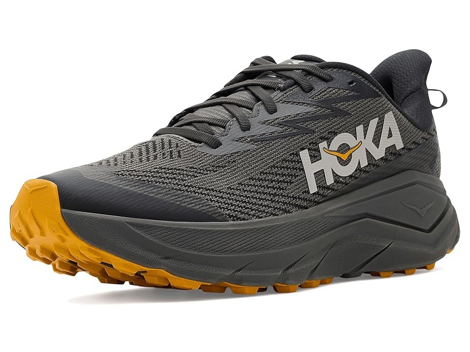 Men's HOKA Challenger 8 shoes in asphalt grey and varsity navy, featuring a breathable mesh upper, cushioned sole, and contrasting yellow outsole for enhanced traction.
