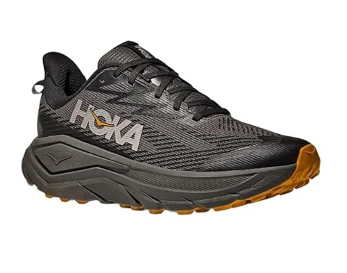 HOKA Men's Challenger 8 GORE-TEX Trail Shoes in Asphalt Grey with Varsity Yellow accents, featuring a breathable mesh upper, cushioned sole, and rugged outsole for traction.