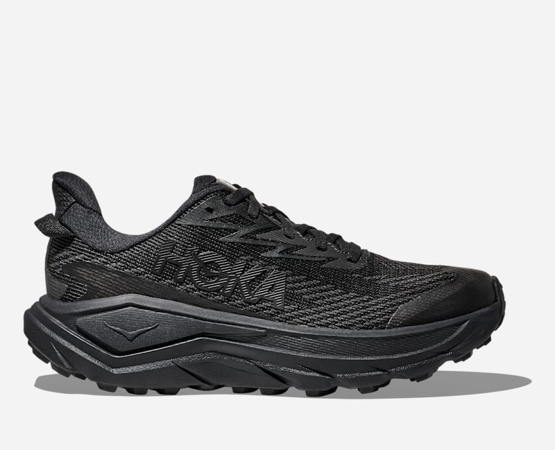 HOKA Women's Challenger 8 GORE-TEX Trail Shoes in Black/Carbon Black, featuring a breathable mesh upper, cushioned sole, and rugged outsole for enhanced traction, size 10.
