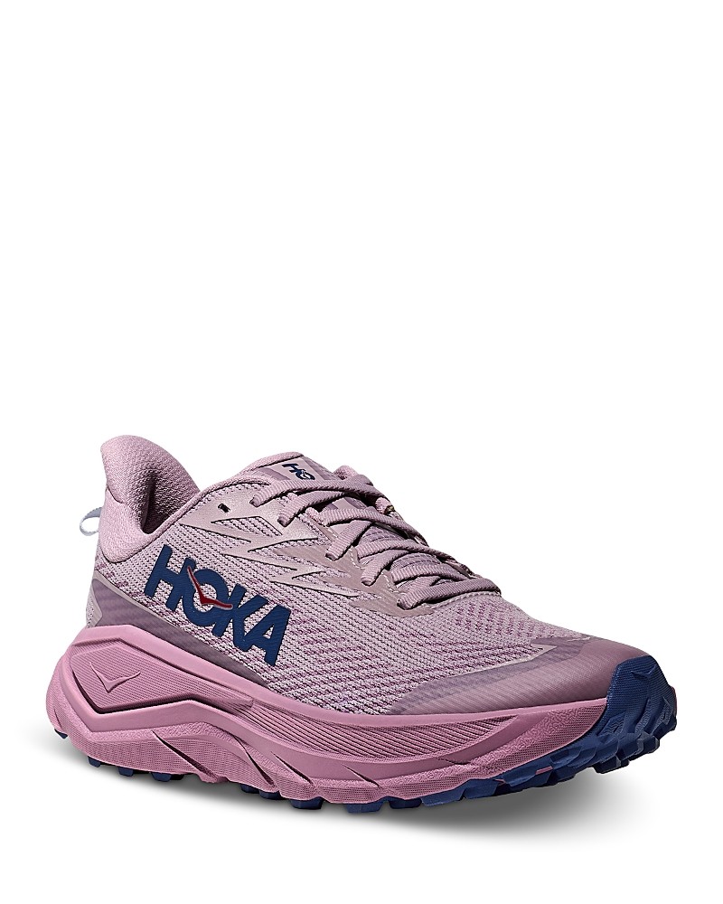 Women's HOKA Challenger 8 shoes in Fragrant Lilac and Berry Mauve, featuring a breathable mesh upper, cushioned sole, and prominent HOKA logo on the side.
