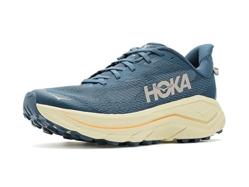 Men's HOKA Challenger 8 trail running shoes in navy blue with a breathable mesh upper, cushioned midsole, and rugged outsole for enhanced grip, size 13 regular.