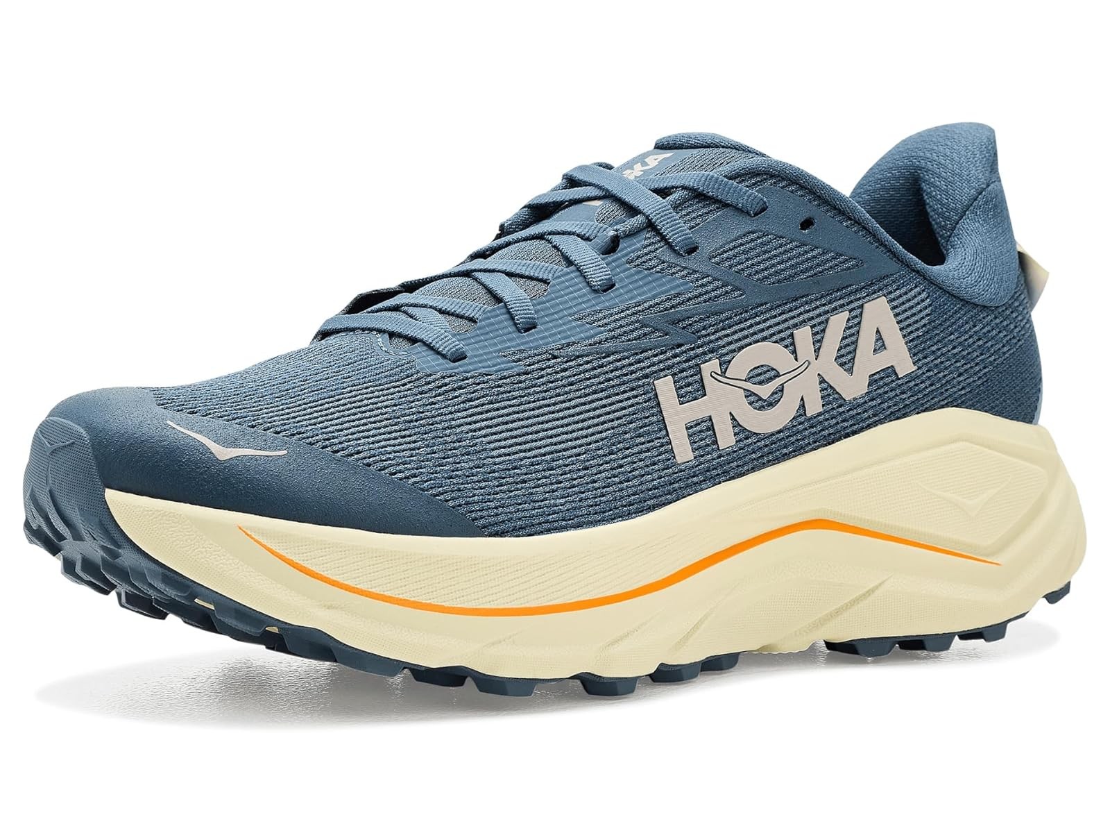 Men's HOKA Challenger 8 road running shoes in faded navy and pampas grass, featuring a breathable mesh upper, cushioned midsole, and rugged outsole for traction, size 12 W.