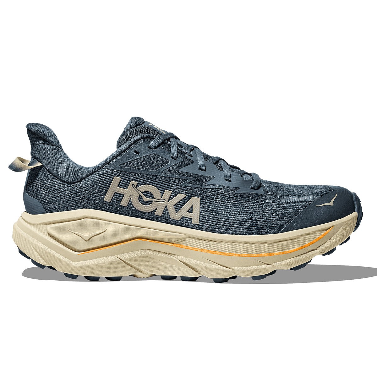 HOKA Men's Challenger 8 Road Running Shoes feature a faded navy upper with pampas grass accents, a cushioned sole, and a prominent logo, size 13.5.