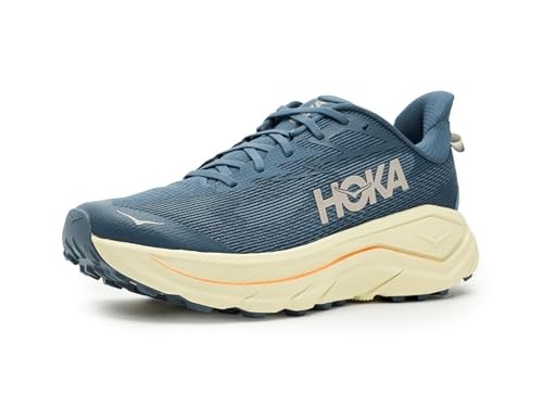 HOKA Men's Challenger 8 road running shoes feature a faded navy upper with Pampass Grass accents, a cushioned sole, and a lightweight mesh material, size 7.5.