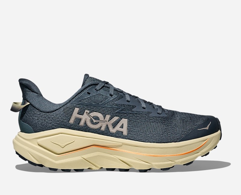 Men's HOKA Challenger 8 running shoes in faded navy with pampas grass accents, featuring a breathable mesh upper, cushioned sole, and a lightweight design, size 7 W.
