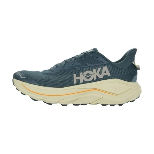 Navy blue HOKA Challenger 8 men's running shoe with a breathable mesh upper, cushioned sole, and prominent white logo on the side.