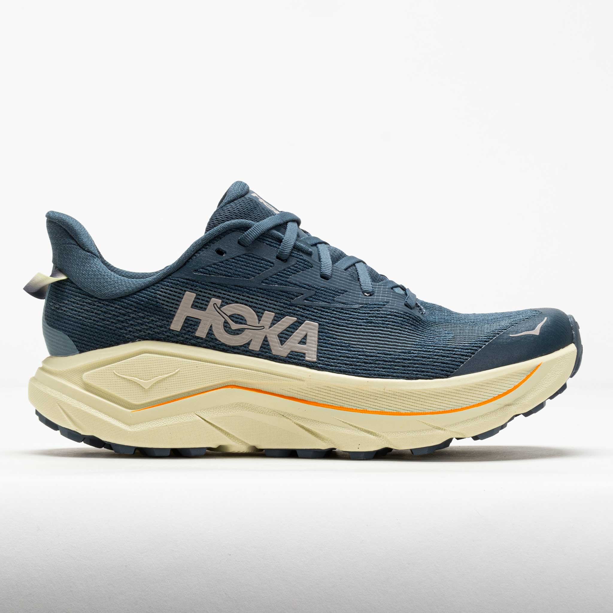 Men's HOKA Challenger 8 running shoe in navy, featuring a breathable mesh upper, cushioned midsole, and a contrasting cream outsole with orange accents.