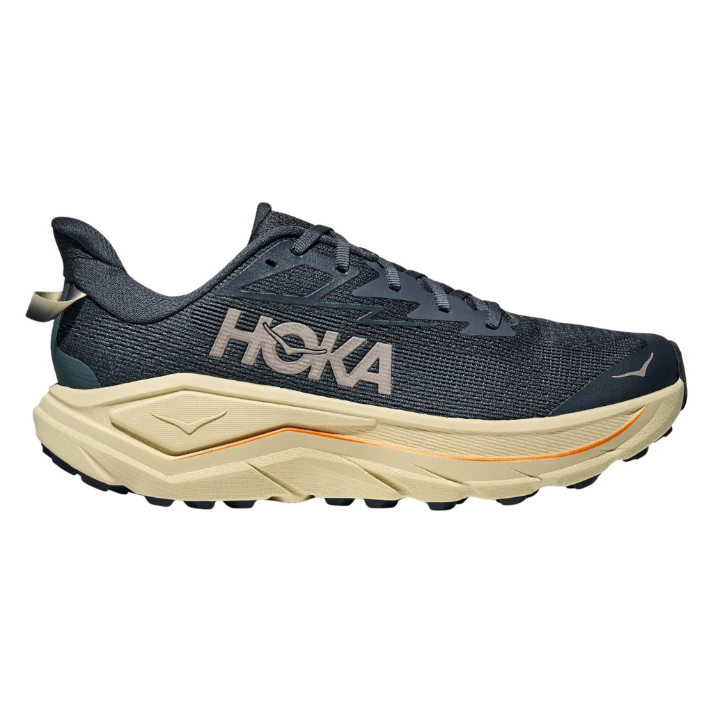 HOKA Men's Challenger 8 Road Running Shoes in Faded Navy and Pampas Grass, featuring a breathable mesh upper, cushioned sole, and prominent HOKA logo on the side.