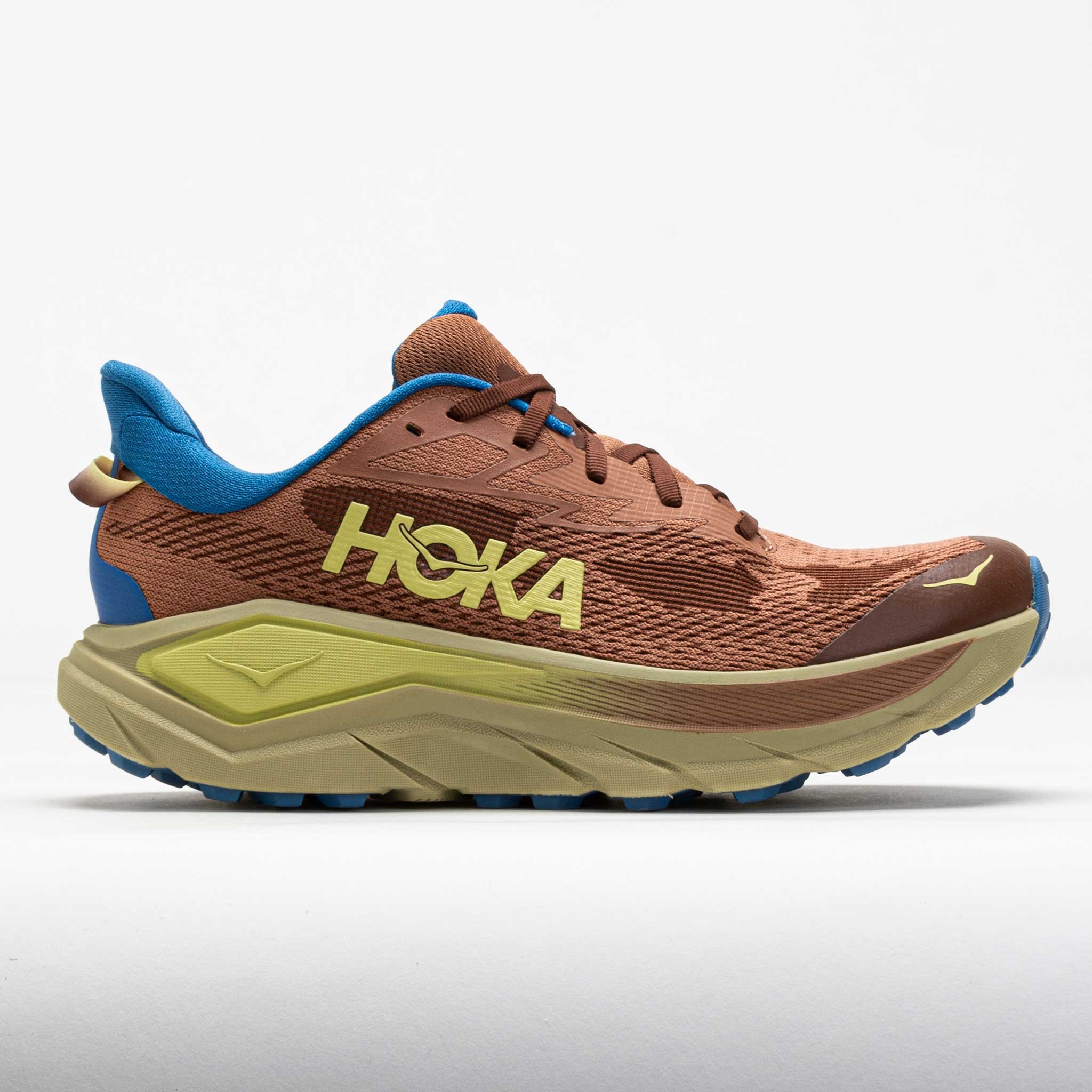 HOKA Men's Challenger 8 Shoes in Maple and Cardamom, featuring a breathable mesh upper, cushioned midsole, and a vibrant blue collar, size 12.5.